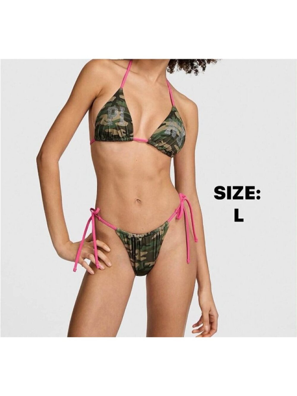 VS PINK 2 PIECE CAMO BLING LOGO STRING BIKINI SWIMSUIT IN SIZE LARGE